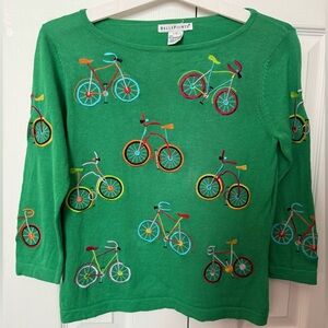 VTG Embroidered Bicycle Sweater Size S BellePointe Green